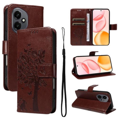 Funda de cuero con tapa para teléfono Honor 400 Global de 156,5 mm con diseño de árbol y gato en relieve (café)