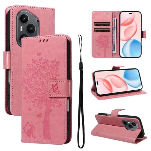 Funda de cuero con tapa para Honor 400 Pro Global (160,8 mm), diseño de árbol y gato (rosa)