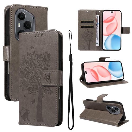 Funda de cuero con tapa para Honor 400 Pro Global (160,8 mm), diseño de árbol y gato en relieve (gris)