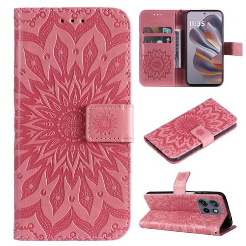Funda de Cuero con Tapa y Estampado de Girasoles en Relieve para Motorola Edge 50 Neo (Rosa)