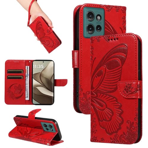 Funda de Cuero con Relieve Mariposa para Motorola Edge 50 5G (Rojo)