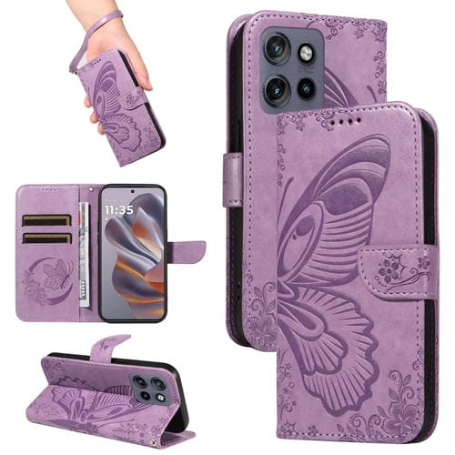 Funda de Cuero con Relieve de Mariposa para Motorola Edge 50 Neo (Morado)