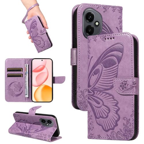Funda de cuero con relieve de mariposa para Honor 400 Global (156,5 mm) (morado)
