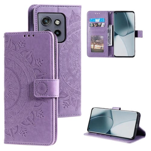 Funda de Cuero con Relieve Flor de Tótem para Motorola Edge 50 Neo con Cordón (Morado)
