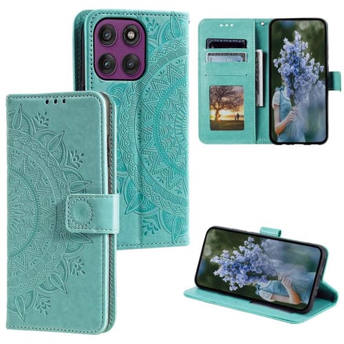Funda de cuero con relieve de flor tótem y cordón para Motorola Edge 60 Pro (verde)