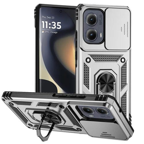 Funda para Teléfono Motorola Edge 5G (2024) con Soporte Deslizante y Protector de Pantalla (Plateada)