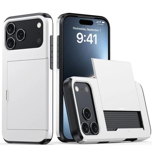 Funda protectora a prueba de golpes para iPhone 17 Pro con ranura para tarjetas (blanca)