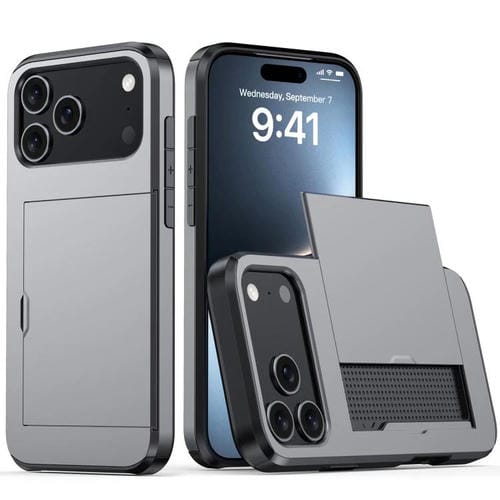Funda protectora a prueba de golpes para iPhone 17 Pro con ranura para tarjetas (gris)