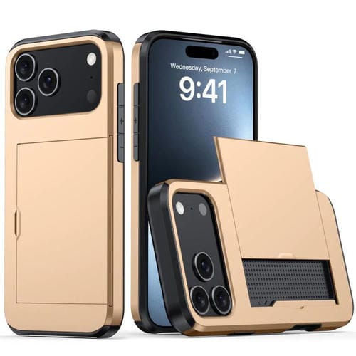 Funda protectora a prueba de golpes para iPhone 17 Pro con ranura para tarjetas (dorada)