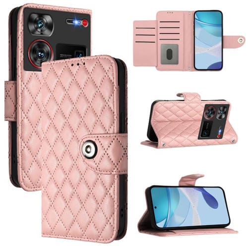 Funda de Cuero con Tapa y Textura Rombal para ZTE Nubia Z60 Ultra con Cordón (Rosa Coral)