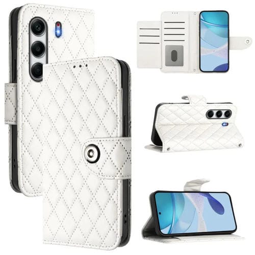 Funda de Cuero con Textura Rómbica y Cordón para Tecno Camon 40 4G (Blanco)