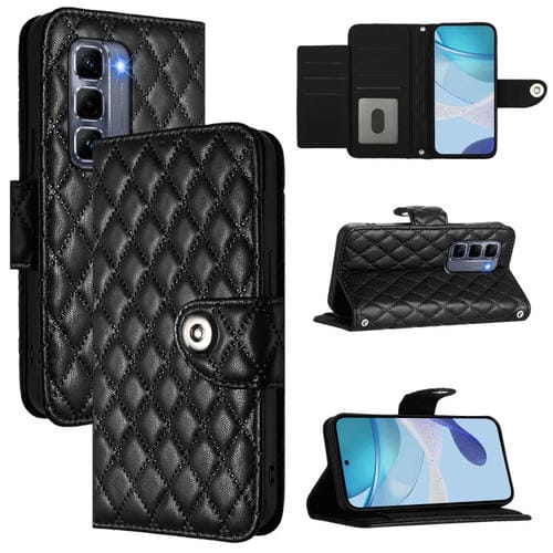 Funda Cuero con Tapa y Textura Rómbica para Infinix Hot 50 Pro+ 4G con Cordón (Negro)