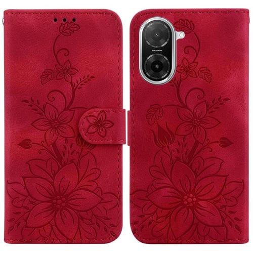 Funda de piel con relieve de lirio para Redmi A5 4G (171,7 mm, roja)