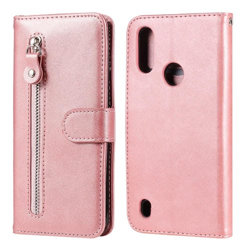 Para Motorola Moto E6s (2020) Estuche de cuero con tapa horizontal con cremallera y textura de becerro con soporte, ranuras para tarjetas y función de billetera (oro rosa)