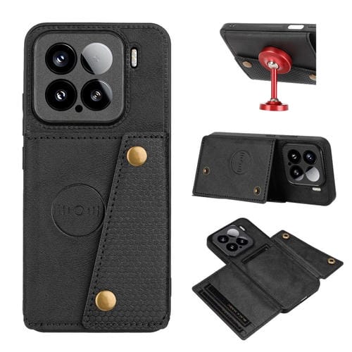 Funda Magnética Para Teléfono Xiaomi 15 Con Ranuras Para Tarjetas Y Doble Hebilla (Negra)