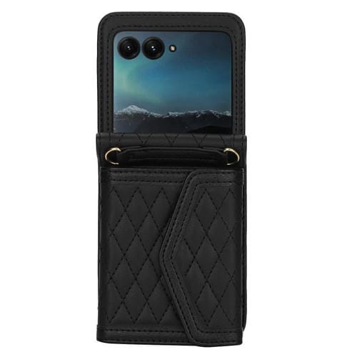 Funda con textura rómbica para Motorola Razr 50 Ultra, con cordón largo y corto (negra)