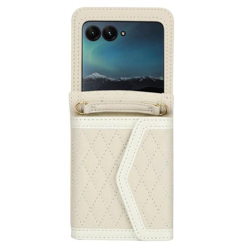 Funda para Motorola Razr 60 Ultra con textura rómbica y cordón largo y corto (beige)