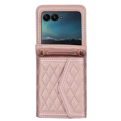 Funda para Motorola Razr 60 Ultra con textura rómbica y cordón largo y corto (oro rosa)