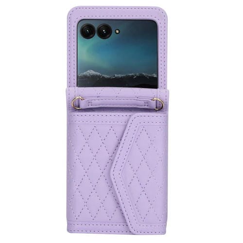 Funda para Motorola Razr 60 Ultra con textura rómbica y cordón largo y corto (morado)