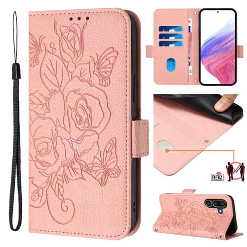 Funda de cuero antirrobo RFID con relieve rosa para Samsung Galaxy M56 5G (rosa)