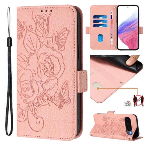 Funda de Cuero Antirrobo con RFID para Google Pixel 10 Pro XL 5G con Relieve (Rosa)