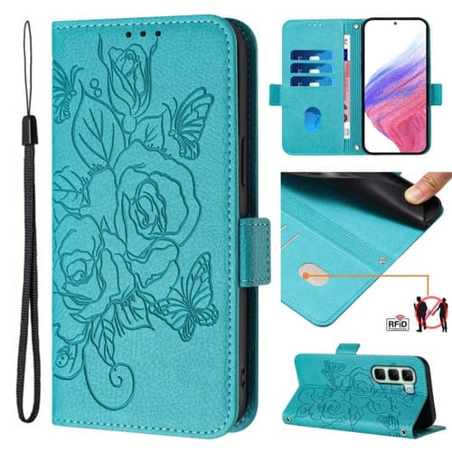 Funda de Cuero Antirrobo RFID con Relieve Rosa para Infinix Hot 50 5G (Azul Claro)