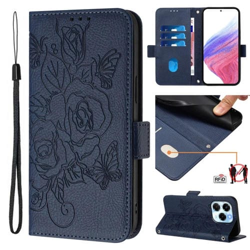 Funda de Cuero Antirrobo RFID con Relieve Rosa para Infinix Note 40X 5G (Azul Oscuro)