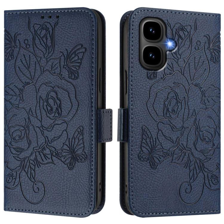 Funda de cuero antirrobo RFID con relieve rosa para Tecno Pop 10 / Infinix Smart 10 4G (azul oscuro)