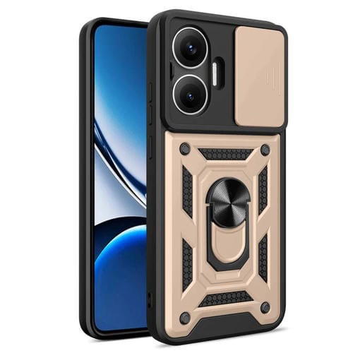 Funda híbrida de TPU y PC con diseño de cámara deslizante para Xiaomi Poco F7 (dorada)