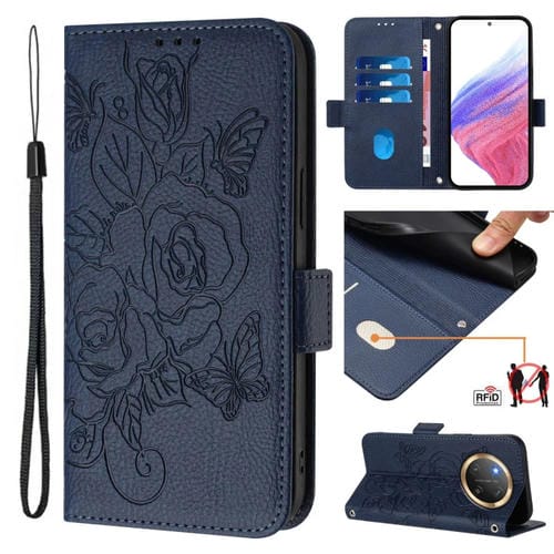 Funda de Cuero Antirrobo RFID con Relieve Rosa para Honor X9C 5G (Azul Oscuro)