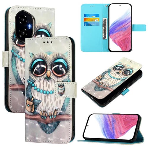 Funda de Cuero con Tapa Horizontal y Pintura 3D para Honor 300 (Búho Gris)
