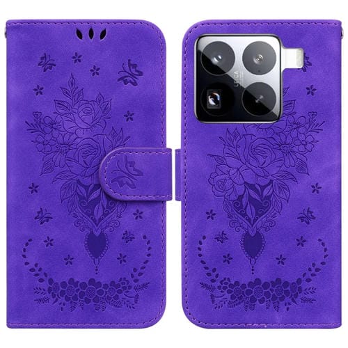 Funda De Cuero Con Relieve De Mariposa Y Rosa Para Xiaomi 15 Pro (Morada)