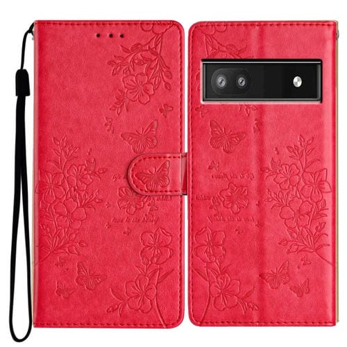 Funda de Cuero Google Pixel 9A con Diseño de Mariposas y Flores (Rojo)