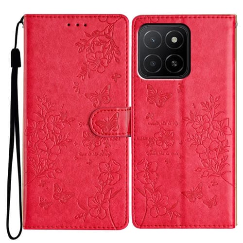 Funda de Cuero para Honor X5B con Mariposas y Flores (Roja)