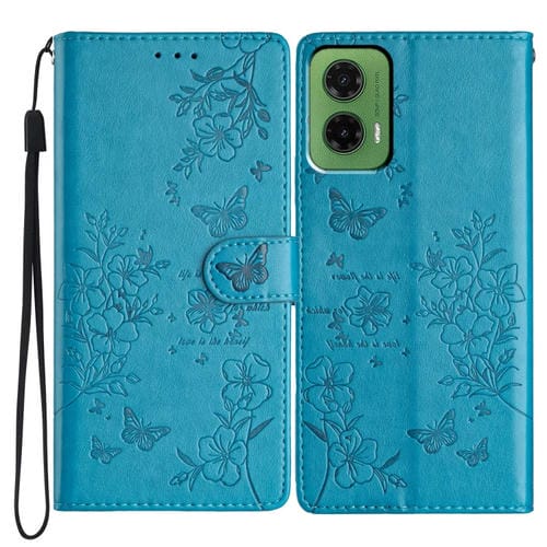 Funda de Cuero para Motorola Moto G35 con Diseño de Mariposas y Flores (Azul)