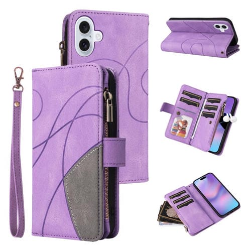 Funda de cuero con cremallera para iPhone 17, bicolor, con 9 ranuras para tarjetas (morado)