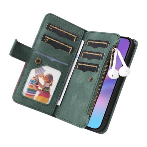 Funda de cuero con cremallera para iPhone 17, bicolor, con 9 ranuras para tarjetas (verde)