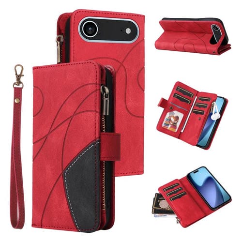 Funda de cuero con cremallera para iPhone 17 Air, bicolor, con 9 ranuras para tarjetas (roja)