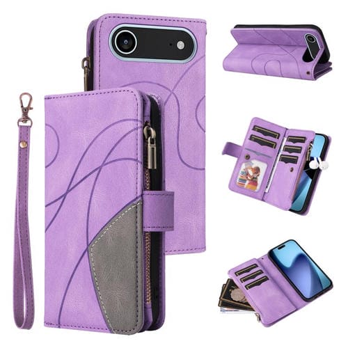 Funda de cuero con cremallera para iPhone 17 Air, bicolor, con 9 ranuras para tarjetas (morado)