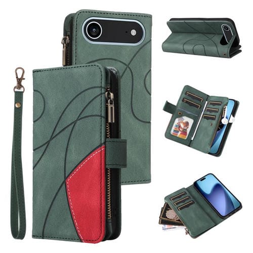 Funda de cuero con cremallera para iPhone 17 Air, bicolor, con 9 ranuras para tarjetas (verde)