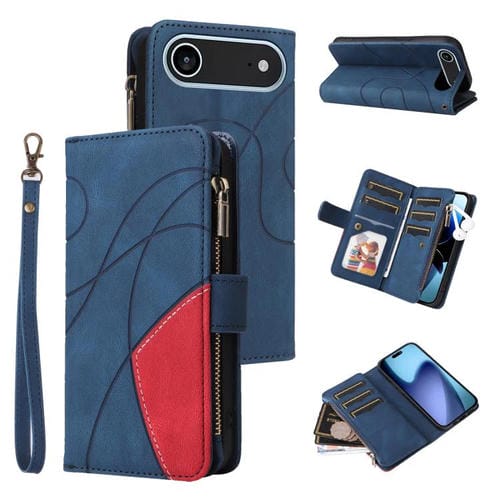 Funda de cuero con cremallera para iPhone 17 Air, bicolor, con 9 ranuras para tarjetas (azul)