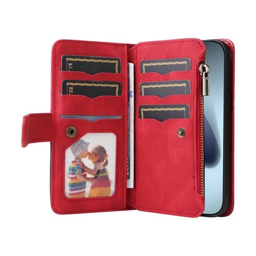 Funda de cuero con cremallera para iPhone 17 Pro, bicolor, con 9 ranuras para tarjetas (roja)