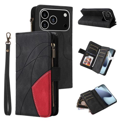Funda de cuero con cremallera para iPhone 17 Pro, bicolor, con 9 ranuras para tarjetas (negro)