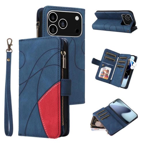 Funda de cuero con cremallera para iPhone 17 Pro, bicolor, con 9 ranuras para tarjetas (azul)