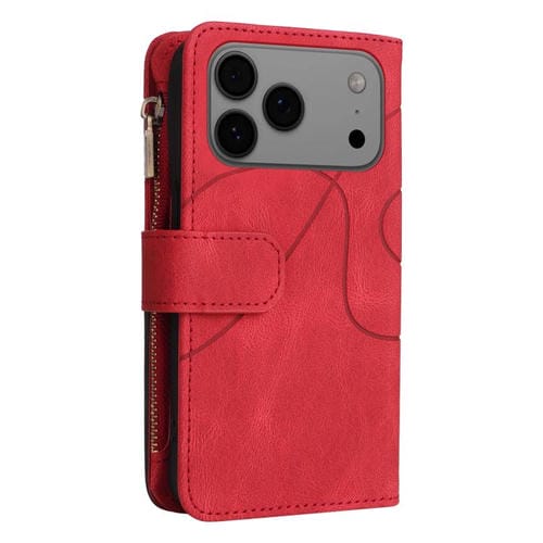 Funda de cuero con cremallera para iPhone 17 Pro Max, bicolor, con 9 ranuras para tarjetas (roja)