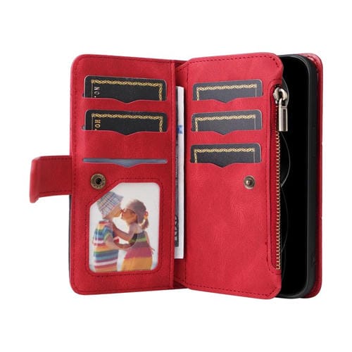 Funda de cuero con cremallera para iPhone 17 Pro Max, bicolor, con 9 ranuras para tarjetas (roja)
