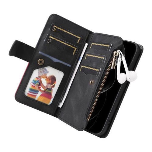 Funda de cuero con cremallera para iPhone 17 Pro Max, bicolor, con 9 ranuras para tarjetas (negro)