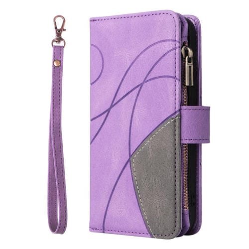 Funda de cuero con cremallera para iPhone 17 Pro Max, bicolor, con 9 ranuras para tarjetas (morado)