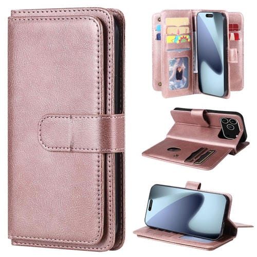 Funda de cuero multifunción tipo billetera para iPhone 17 Pro con 10 ranuras para tarjetas (oro rosa)