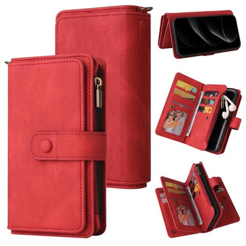 Funda de cuero con cremallera y ranuras para tarjetas para iPhone 17 Pro (roja)